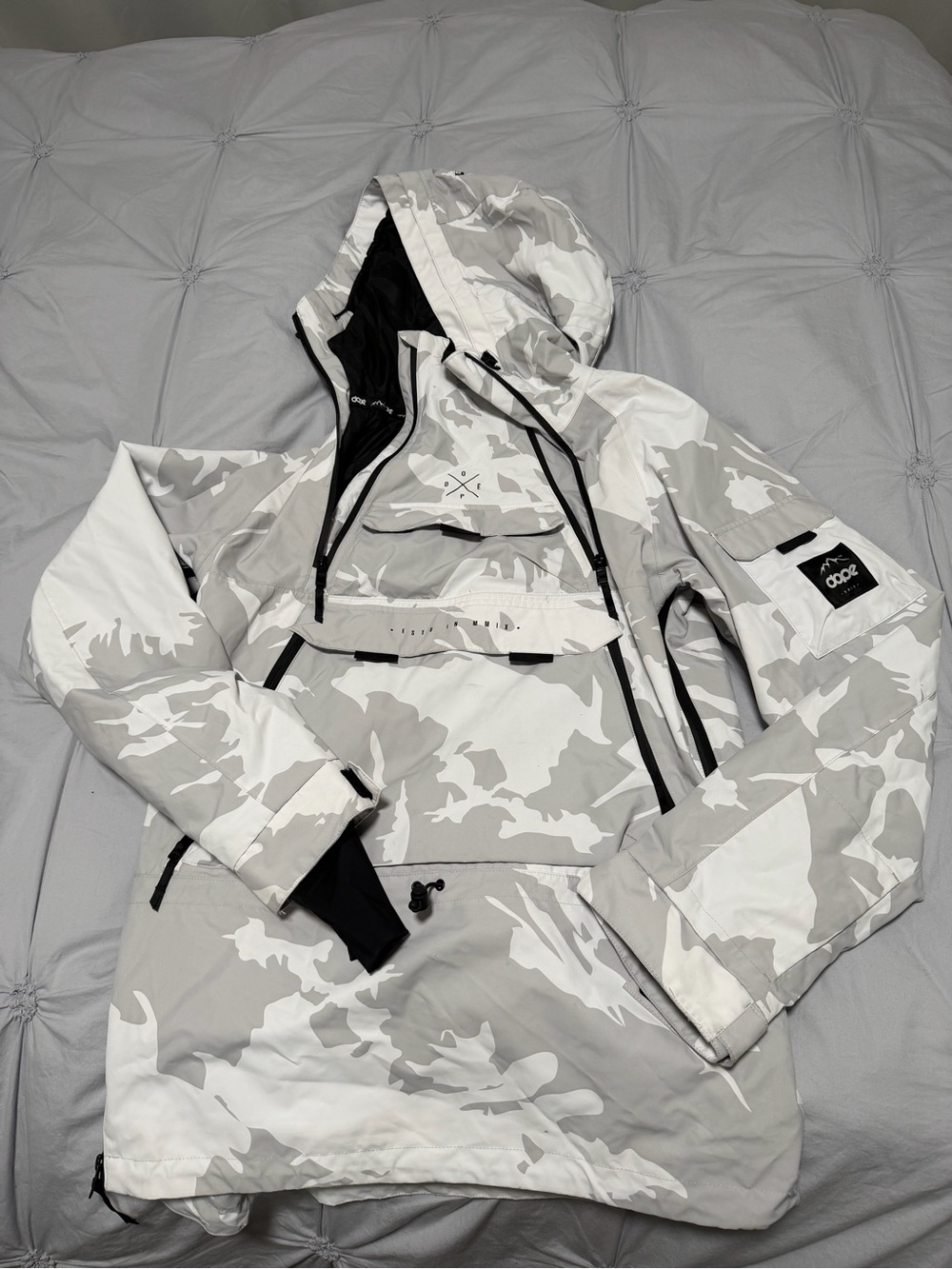 DOPE White and Light Gray Camo Ski Pullover Jacket with Hood